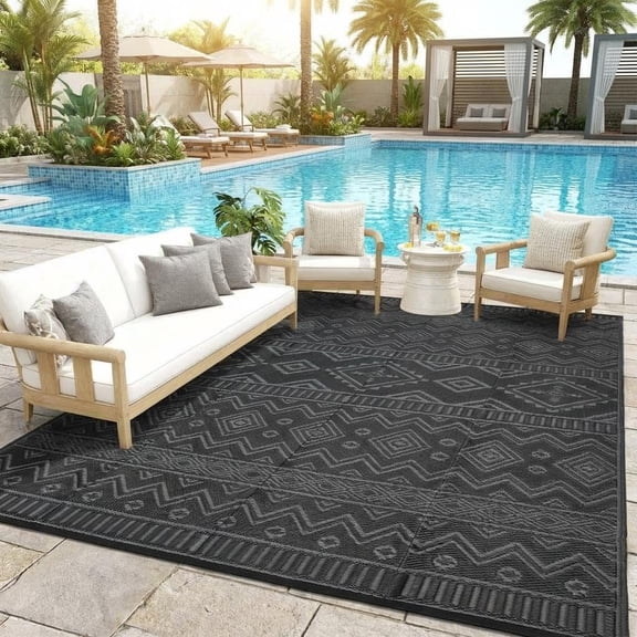 Black/Gray 9x12 Outdoor Waterproof Reversible Rug, Plastic Straw RV Mat, Stain-Resistant Indoor Outdoor Carpet for Patio, Deck, Balcony, Picnic & Beach