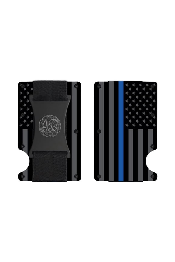 Black & Gray American Flag Engraved, Minimalist Wallet, RFID Blocking Aluminum Slim Wallet (Blue Line with Money Strap) Y101