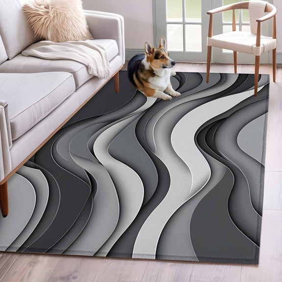 Black Gray Area Rugs 4x6 ft Gradient Ocean Wave Modern Abstract Geometric Washable Rug Non Slip Indoor Carpet Absorbent Floor Mat for Living Room Bedroom Dining Room