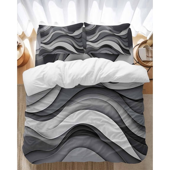 Black Gray Bedding Duvet Cover Set Full Size 4 Pieces Gradient Ocean Wave Modern Abstract Geometric Bedding Set with Zipper Closure, 1 Comforter Cover 86x86 Inches 1 Flat Sheet & 2 Pillow Cases