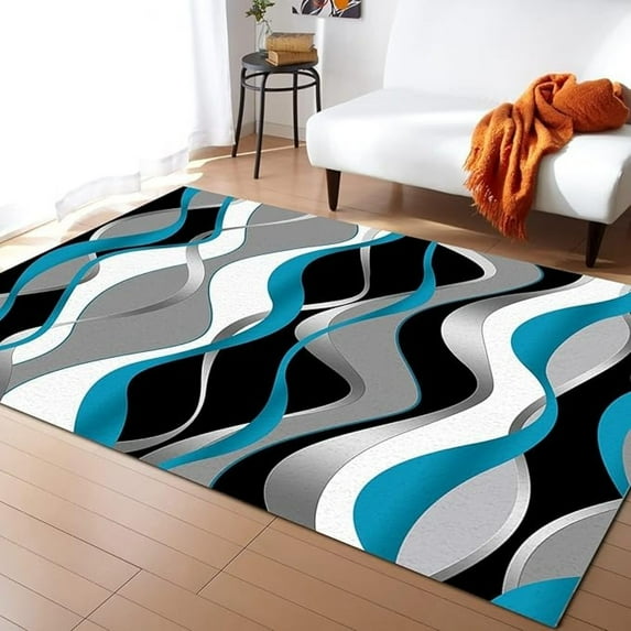 Black Gray And Blue Area Rug, Abstract Modern Geometries Lines Living Room Rugs, Indoor Non-Slip Kids Rugs, Machine Washable Breathable Carpet For Front Entrance Floor Decor 4x5ft