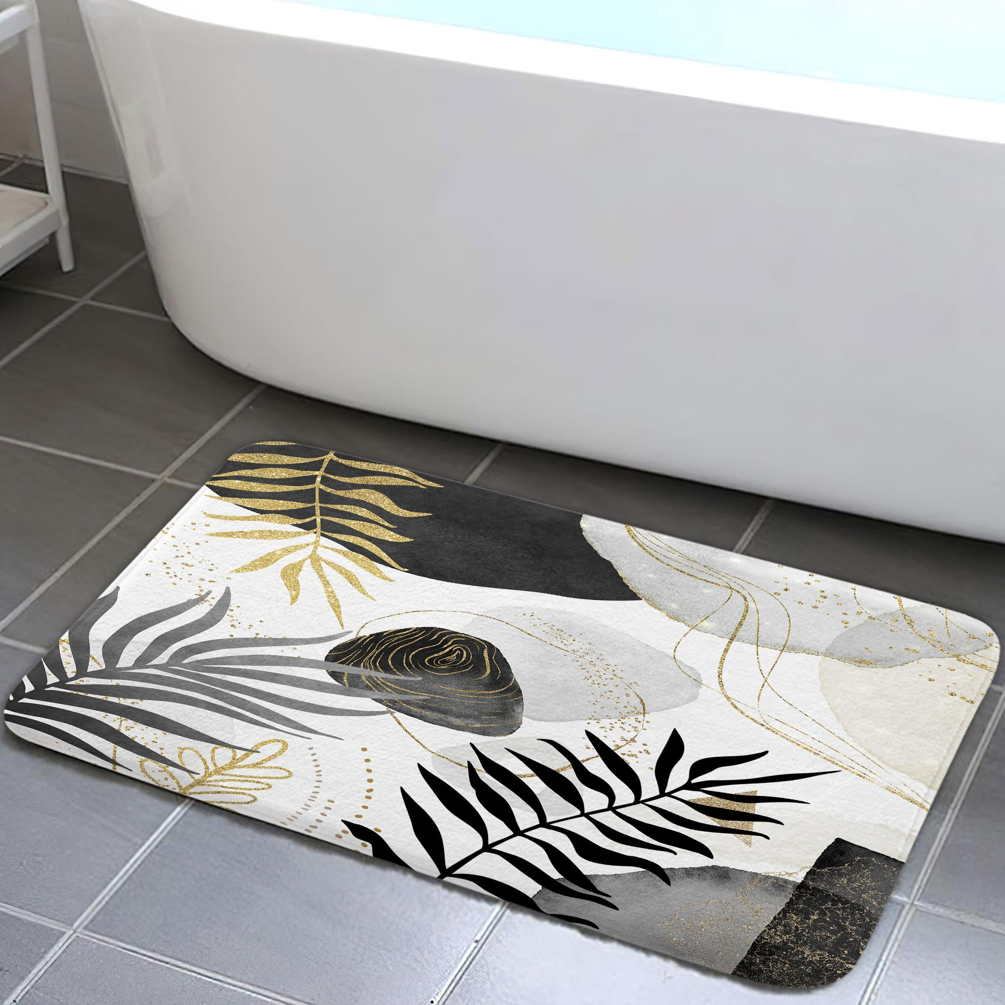 Black Gray Boho Leaves Bathroom Rugs, Modern Abstraction Mid Century Bath Mat for Bathroom ...