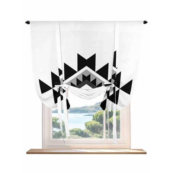 Black Gray Boho Tie Up Curtains for Windows 63 Inch Length Balloon Curtains Kitchen Adjustable Balloon Window Shade Modern Abstract Geometric Lattice Tie Up Valance Bathroom Curtain Window 46"x63"