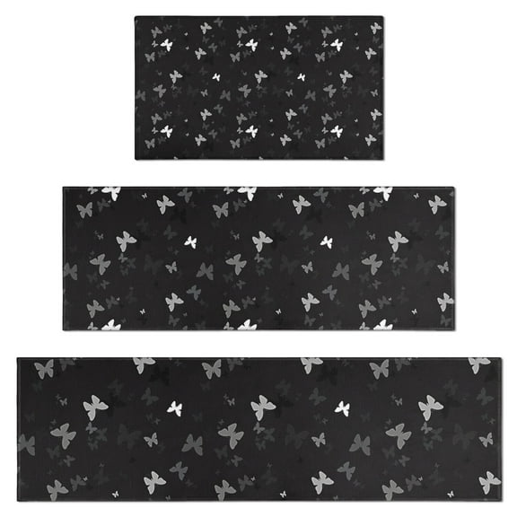 Black Gray Butterfly Pattern Kitchen Rugs Sets Of 3,Kitchen Runner Rugs Non Skid Washable,Decorative Kitchen Floor Mats for Kitchen,Sink,Laundry,17"x30"+ 17"x47" + 17"x59"