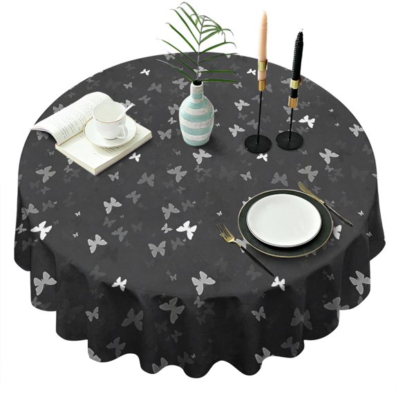 Black Gray Butterfly Pattern Round Tablecloth 60"x60",Wrinkle Wipeable Table Cloth for Kitchen Dining Room Picnic Patio Party