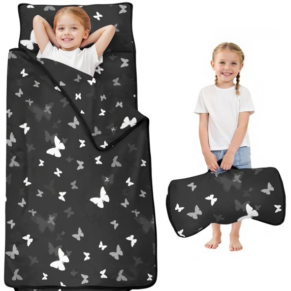 Black Gray Butterfly Pattern Teens Toddler Nap Mat with Pillow, Sleeping Mat Bag for Preschool Daycare 50"x20"
