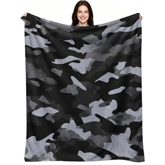 Black Gray Camouflage Pattern, Soft Warm Flannel Fleece, Modern Camping Camo, Throw Blanket, Cozy Warm, Home Decor, Couch Sofa Bed Travel, Family Gift