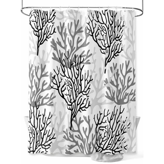 Black Gray Coral Coastal Long Shower Curtain Set, Waterproof Shower Curtains for Bathroom, Summer Beach Seaside Nautical Washable Fabric Cloth Bath Curtain for Bathtub with Hooks 72x84 Inches