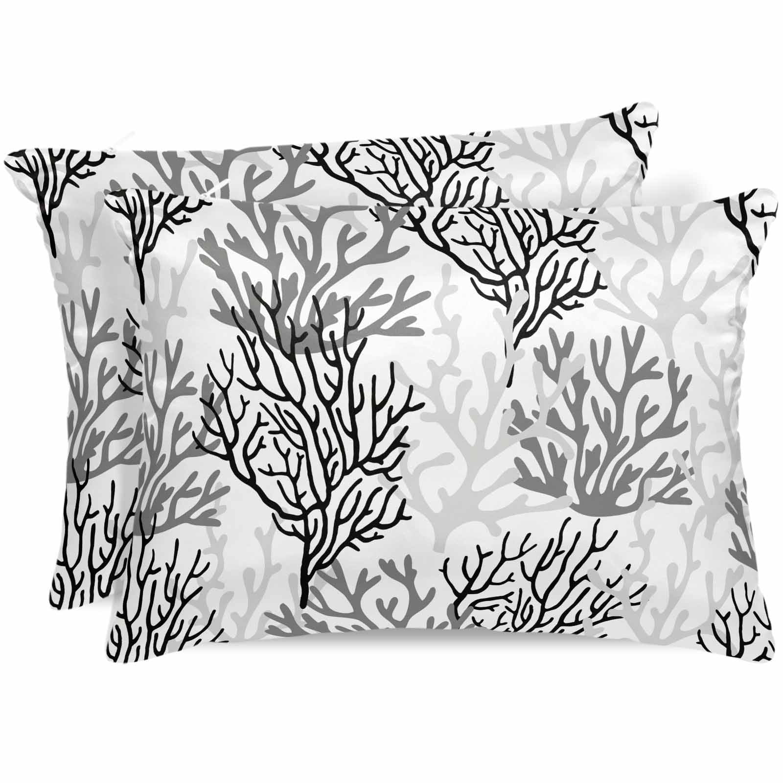 Black Gray Coral Coastal Pillow Cases Standard Size Set of 2, Smooth Satin Pillowcase for Hair and Skin, Summer Beach Seaside Nautical Decorative Cooling Bed Pillow Covers with Zipper, 20x26 Inches