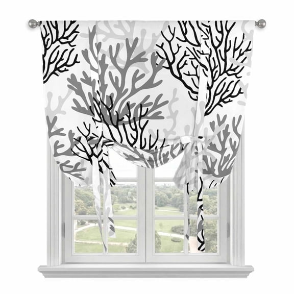 Black Gray Coral Coastal Tie Up Curtains for Small Windows,Adjustable Rod Pocket Valance 45 Inch Short, Summer Beach Seaside Nautical Window Treatment Balloon Roman Blind Shade, 34" x 45"