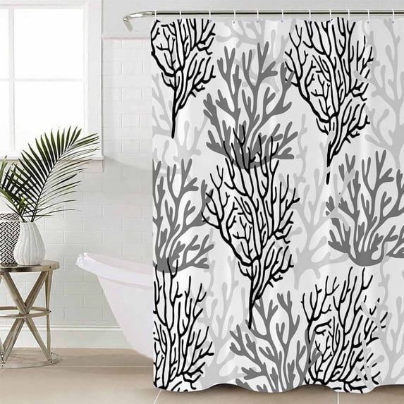 Black Gray Coral Coastal Waterproof Fabric Shower Curtain, Summer Beach Seaside Nautical Shower Curtain for Bathroom Curtains Bathtubs Hotel Washable Shower Curtains with 12 Hooks Standard 60x72