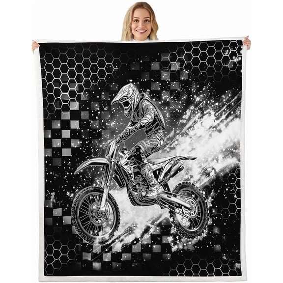 Black Gray Dirt Bike Fleece Throw Blanket Motocross Sherpa Blanket Boys Girls Honeycomb Fleece Throw Blanket Extreme Sports Fuzzy Blanket Twin 40" x 50"