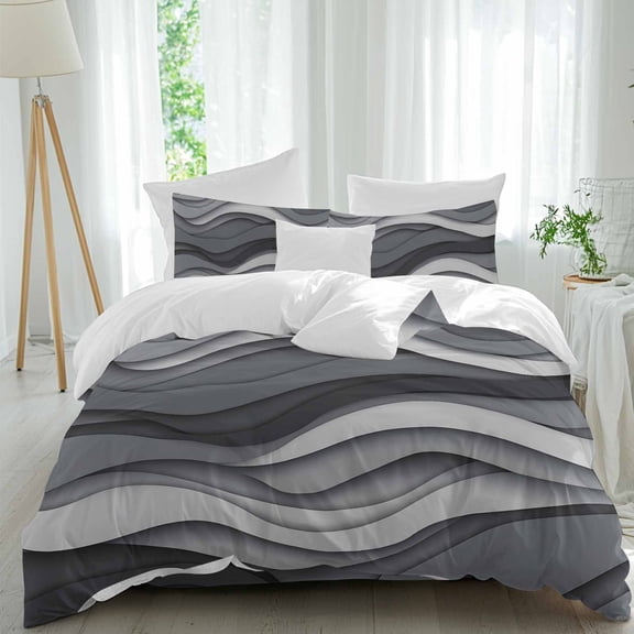 Black Gray Duvet Cover Set King Size, Geometric Abstract Ombre Ocean Wave Modern 4 Piece Soft Microfiber Bedding Set with 1 Duvet Cover, 1 Flat Sheet, 2 Pillowcases