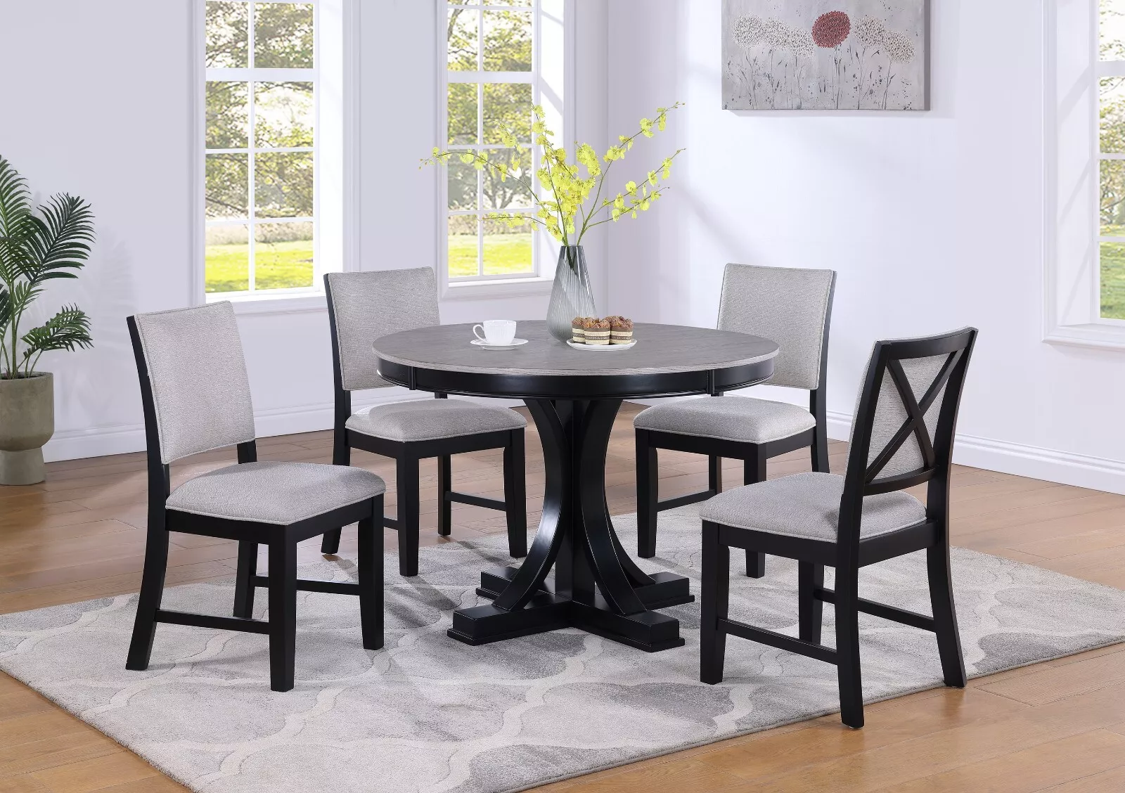 Black Gray Finish Round Dining Table Single Pedestal Upholstered