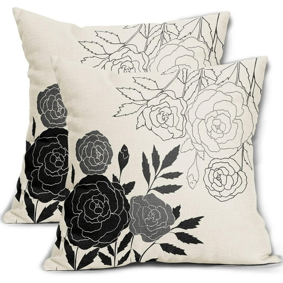 Black Gray Floral Pillow Covers 18x18 Set of 2 Modern Elegant Line Flower Throw Pillows Farmhouse Outdoor Spring Summer Pillowcase Decorative Square Linen Cushion Case for Home Sofa Couch Bed