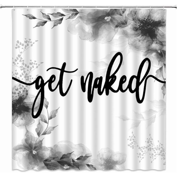 Black Gray Floral Shower Curtain Watercolor Flower Leaf Black Funny Quotes Get Naked Creative Rustic Spring Floral Nature Modern Farmhouse Fabric Bathroom Decor Curtain with Hooks