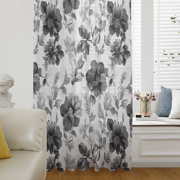 Black Gray Florals Sheer Curtains 72 Inch Length, Light Filtering Voile Curtain Panel, Farmhouse Botanical Peonies Vintage Leaves Rod Pocket Drapes Window Treatments for Living Room Bedroom 52"x72"