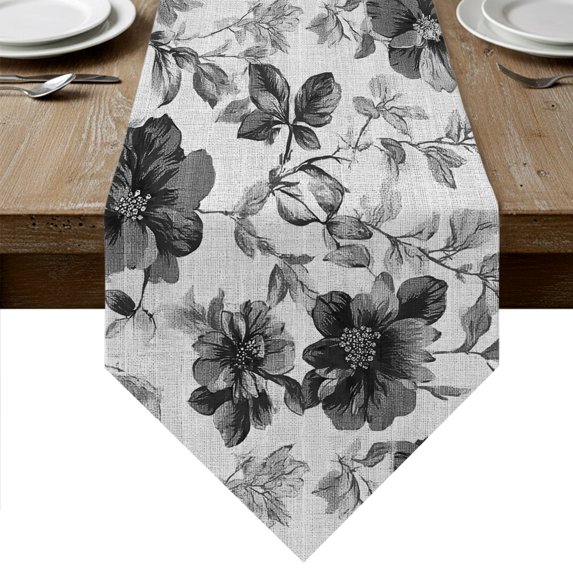 Black Gray Florals Table Runner Linen Burlap Table Runner 72 Inches Long Farmhouse Botanical Peonies Vintage Leaves Dresser Scarves for Kitchen Island Coffee Dining Room Party Holiday Decor 16"x72"