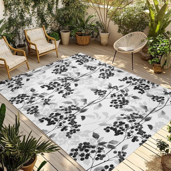 Black Gray Fruit Outdoor Rug 4x6 Ft - Reversible Patio Rug Outdoor Camping Rugs, Vintage Plant Nature Botanical Flower Washable Indoor Outdoor Area Rugs, Non-Slip Outdoor Carpet Runner for Deck/Porch