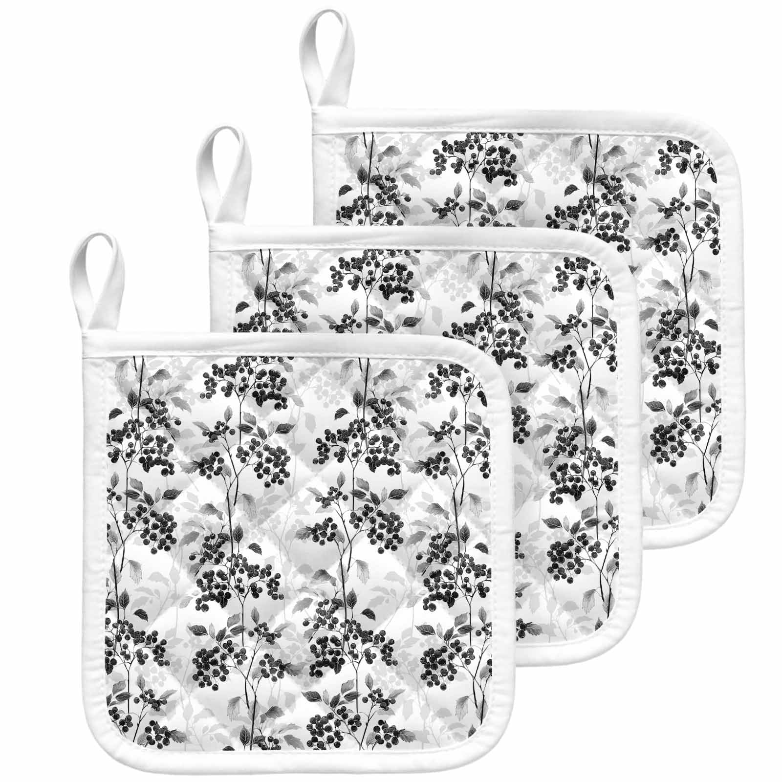 Black Gray Fruit Pot Holders for Kitchen Heatproof Potholder, 3 Pack Vintage Plant Nature Botanical Flower Hot Pads Multipurpose Oven Pads Cloth Potholders Trivet for Cooking Baking