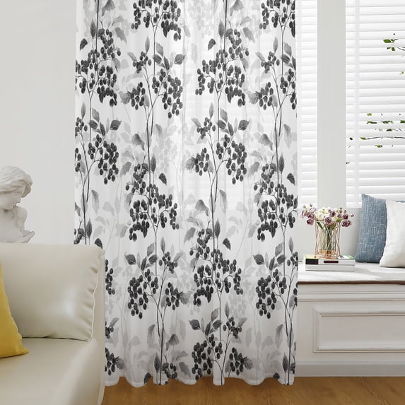Black Gray Fruit Sheer Curtains 63 Inch Length, Light Filtering Voile Curtain Panel, Vintage Plant Nature Botanical Flower Rod Pocket Drapes Window Treatments for Living Room Bedroom 52"x63"