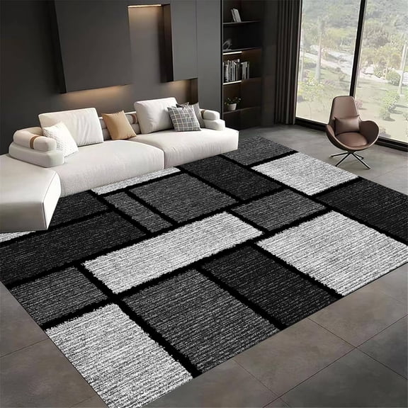 Black Gray Geometric Area Rug, Modern Abstract Pattern Carpet, Washable Non Slip Low Pile Soft Thin, Living Room Bedroom Study Office Entrance Home Decor Mat 2x3ft(Small)