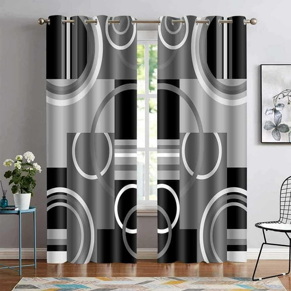 Black Gray Geometric Blackout Curtains for Bedroom, White Gray Modern Abstract Plaid Circle Room Darkening Curtain Thermal Insulated Window Drapes for Living Room 26"W x 45"L (Pack of 2)