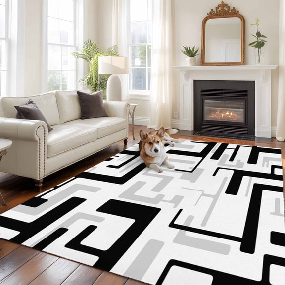 Black Gray Geometric Stripes Large Area Rugs 5x8 ft Modern Abstract Lines Maze Washable Rug Non Slip Indoor Carpet Absorbent Floor Mat for Living Room Bedroom Dining Room