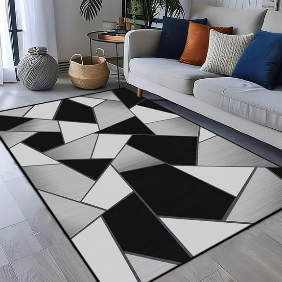 Black and Gray Geometry Area Rug Modern Luxury Design Rug,Non-Shedding & Easy Care, Foldable Area Rug, Ideal for High Traffic Areas in Living Room, Bedroom 3x4ft
