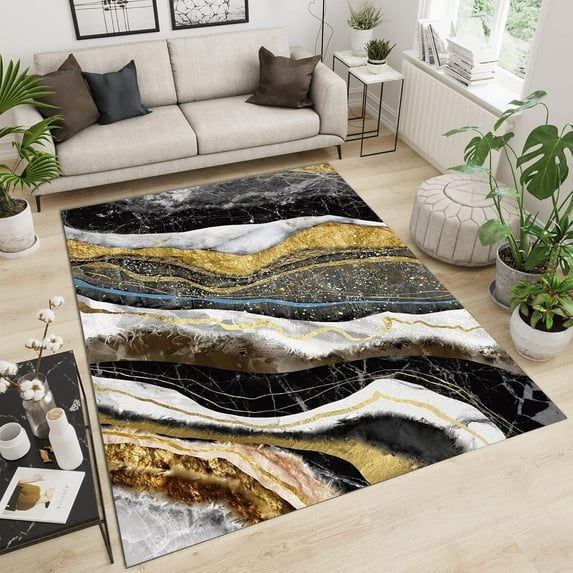 Black Gray Gold Abstract Area Rug, Blue Brown Living Room Rug, Indoor Rug Machine Washable Non-Slip Soft For Bedroom Dormitory Restaurant Game Room Boy's Room 3x5ft