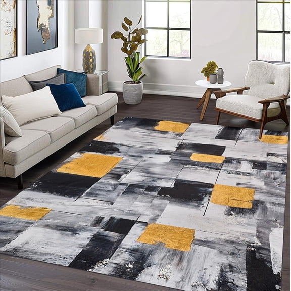 Black Gray Gold Area Rugs, Geometric Block Abstract Design Carpet, Washable Non Slip Low Pile Rug for Living Room Bedroom Farmhouse Decor Mat 2x3ft