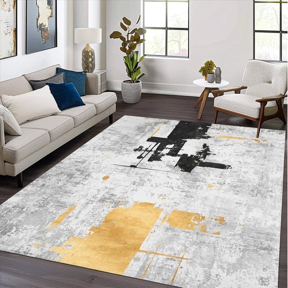 Black Gray Gold Area Rugs, Luxury Art Deco Abstract Design Carpet, Washable Non Slip Low Pile Rug for Living Room Bedroom Dining Room Office Decor Mat 2x3ft