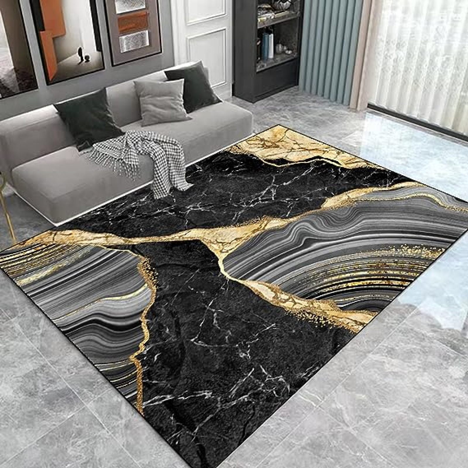 Black Gray Gold Marble Large Area Rugs, Abstract Texture Runner Rugs ...