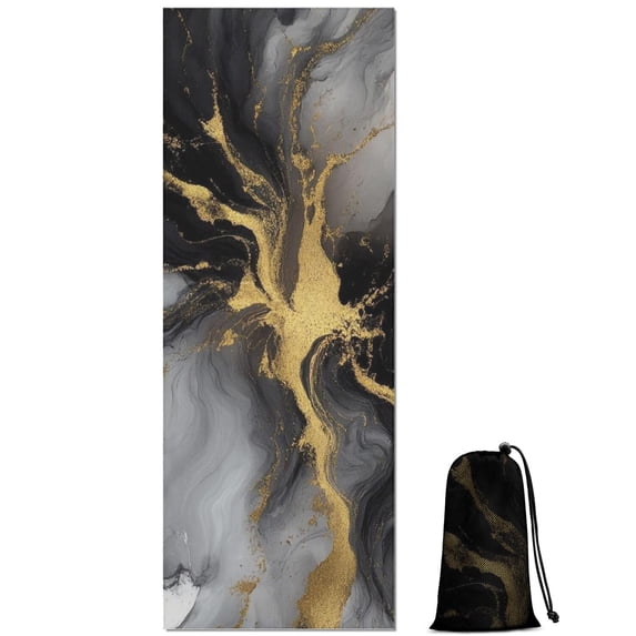 Black Gray Gold Marble Pattern Hot Yoga Mat Towel Non Slip for Hot Yoga - Quick-Drying Yoga Mat Cover with 4 Corner Pockets with Travel Bag - Hot Yoga Towel Non Slip 74"x26"