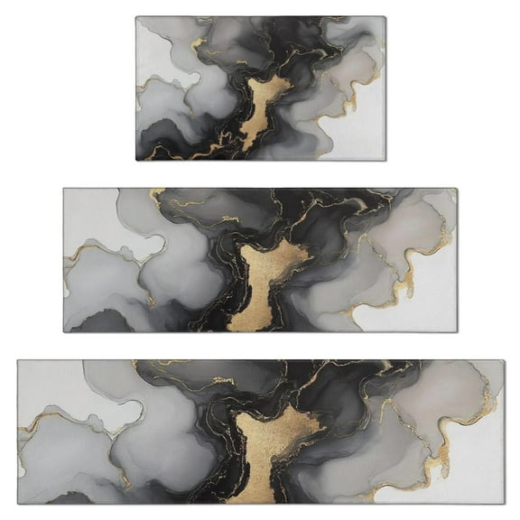 Black Gray Gold Marble Pattern Kitchen Rugs Sets Of 3,Kitchen Runner Rugs Non Skid Washable,Decorative Kitchen Floor Mats for Kitchen,Sink,Laundry,17"x30"+ 17"x47" + 17"x59"