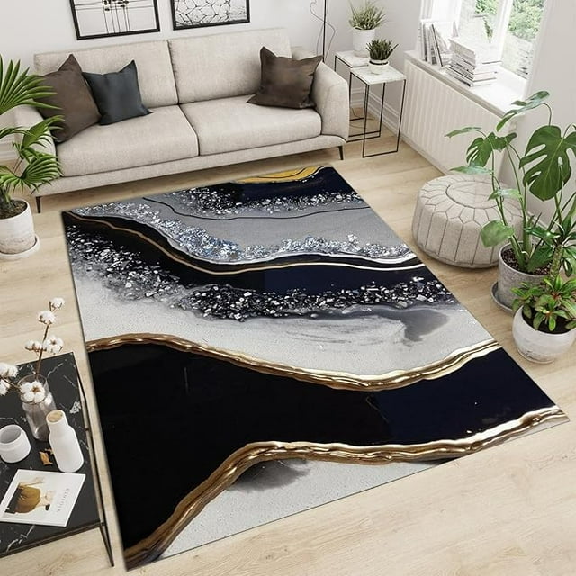 Black Gray Golden Marble Texture Area Rugs, Light Luxury Irregular Geometric Stripe Art Home Decor Rug, Soft Machine Washable Kids Carpet For Front Porch Kitchen Entryway 5'3" x 6'7"
