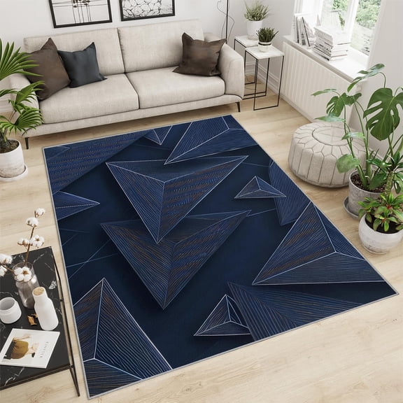 Black Gray Gradient Blue Geometric Design Area Rug, Gold Geometric Line Design Large Indoor Rug, Non-Slip Machine Washable Living Room Rug For Bedroom Study Office Restaurant 2x3ft