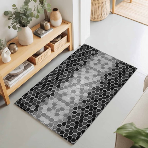 Black Gray Gradient Hexagon Rectangle Area Rug 2x3ft,Living Room Rug Non-Slip Washable Circle Rugs Pad,Abstract Honeycomb Grid Ombre Soft Floor Carpet for Bedroom Dining Room