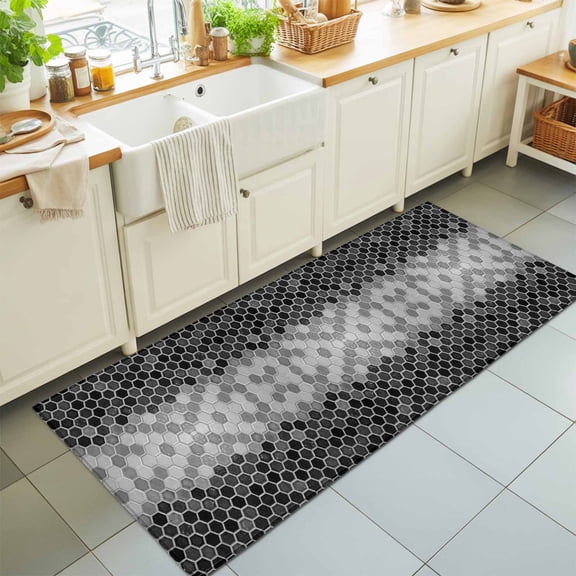 Black Gray Gradient Hexagon Rectangle Area Rug 2x6ft,Living Room Rug Non-Slip Washable Circle Rugs Pad,Abstract Honeycomb Grid Ombre Soft Floor Carpet for Bedroom Dining Room