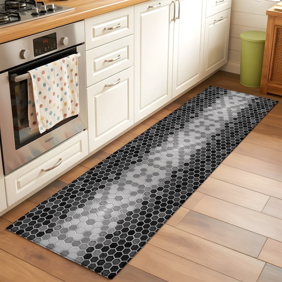 Black Gray Gradient Hexagon Rectangle Rug 2'x6' Abstract Honeycomb Grid Ombre Washable Area Rugs for Living Room Bedroom Entryway Non Slip Entrance Door Mat Indoor Floor Carpet