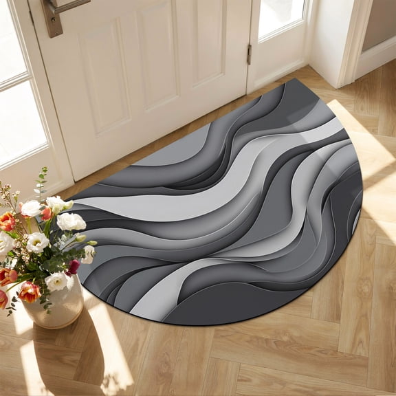 Black Gray Half Circle Door Mat Front Door Mat, Gradient Ocean Wave Modern Abstract Geometric Non Slip Washable Doormats Entrance Rugs Absorbent Welcome Low Profile Floor Mats for Indoor, 16" x 24"