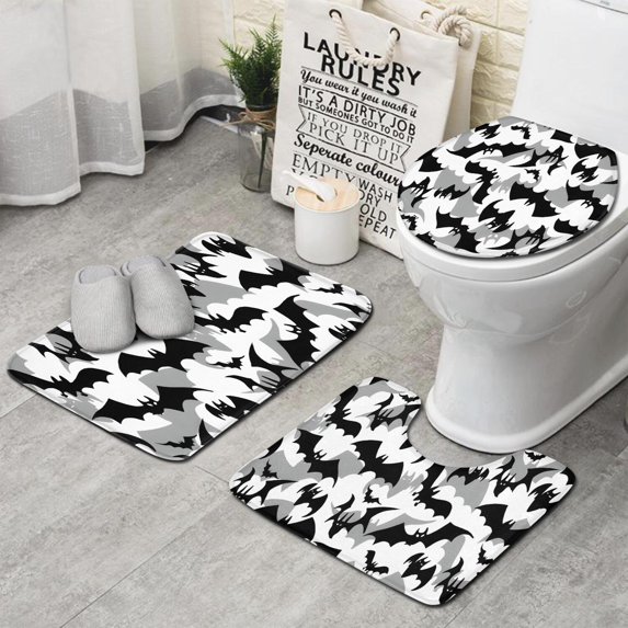 Black and Gray Halloween Bats Bathroom Rugs Sets 3 Piece,Toilet Cover Set,Absorbent Non Slip Bathroom Mats Sets with U-Shaped Contour Rug Toilet Rug Set