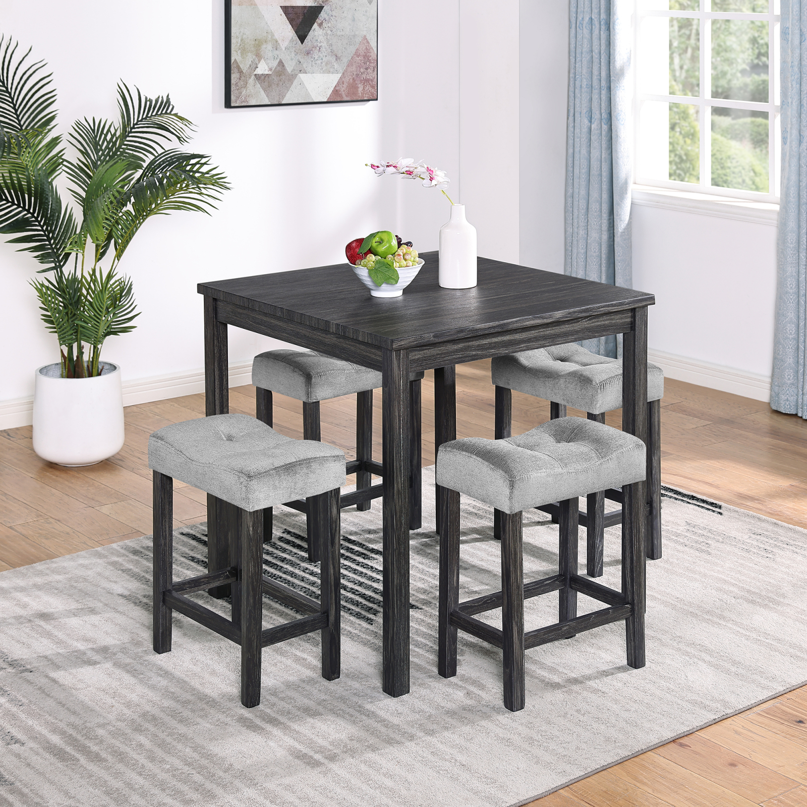 Black and Gray Industrial Breakfast Table Set, 5Piece Dining and Bar
