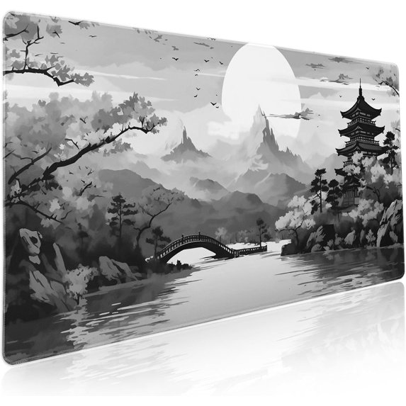 Black Gray Japanese Sakura Gaming Mouse Pad Grey White Cherry Blossom Tower Mountain Aesthetic, Extended Large Desk Mat, NonSlip Rubber Base, Stitched Edge