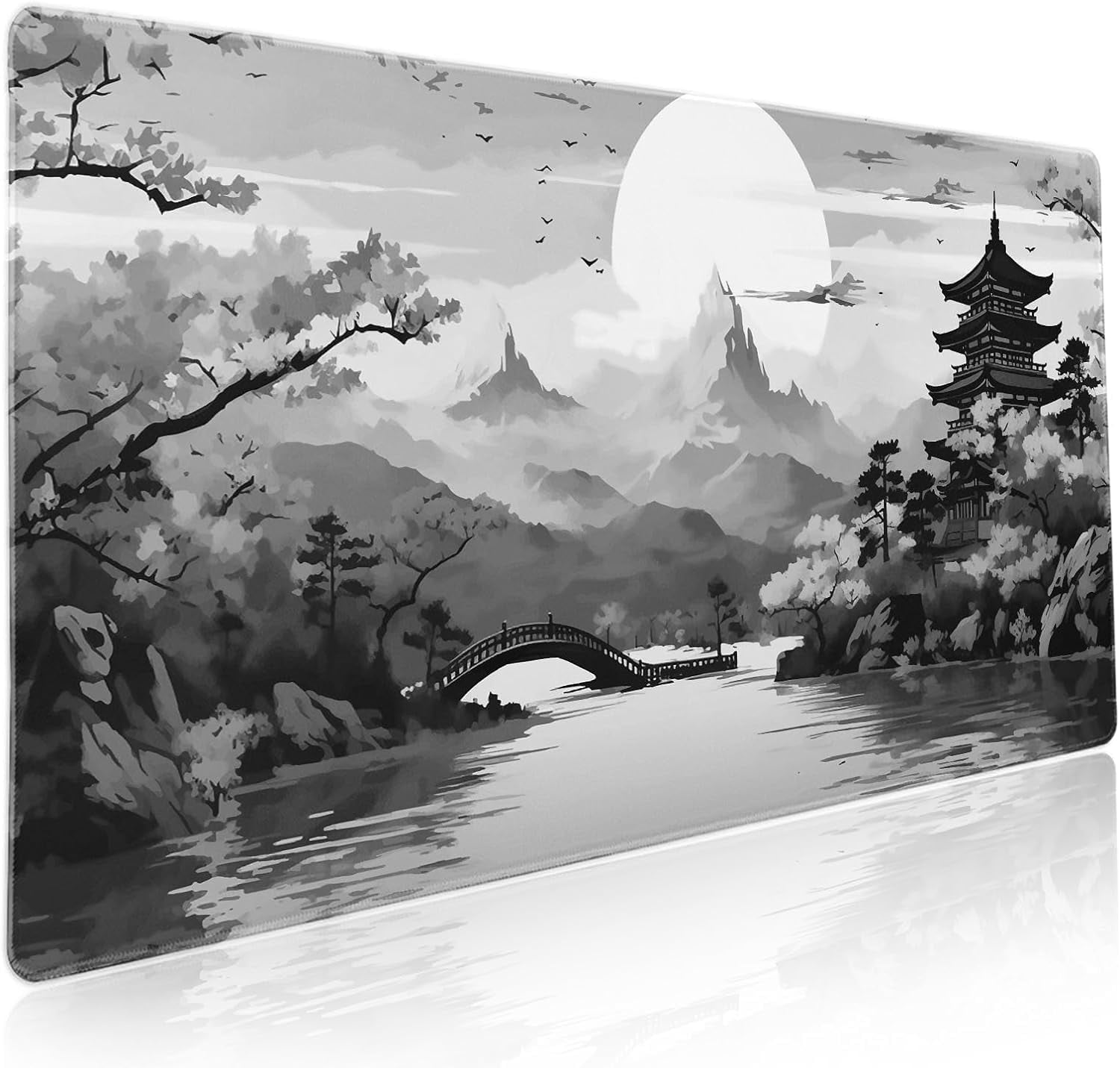 Black Gray Japanese Sakura Gaming Mouse Pad XL Grey White Cherry Blossom Tower Mountain Aesthetic Extended Large Desk Mat Mousepad Non-Slip Rubber Base Stitched Edge Desk Pad for Desktop,31.5×11.8