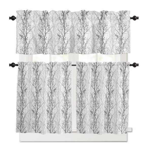 Black Gray Kitchen Curtains and Valances Set, 3 Piece Kitchen Curtains Set 24 Inch Length, Pastoral Botanical Branch Aesthetics Rod Pocket Curtains Tier Farmhouse Window Curtains