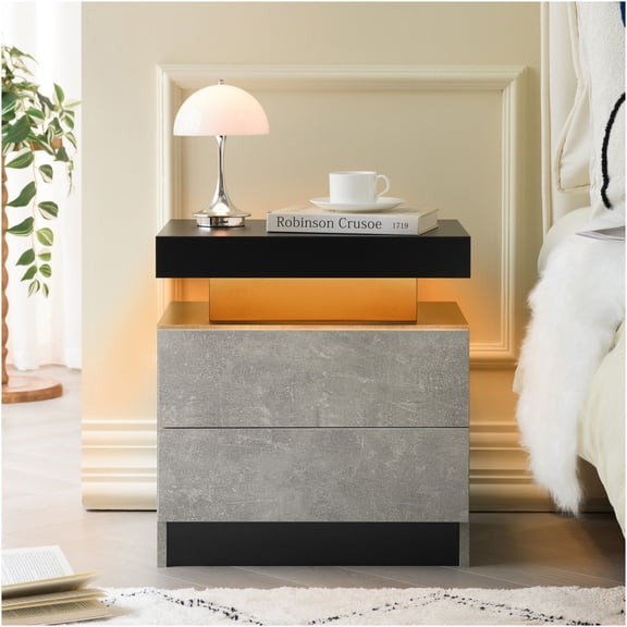Black Gray LED Nightstand Modern Bedside Table Cabinet with 2 Drawers & Built-in Lights for Bedroom