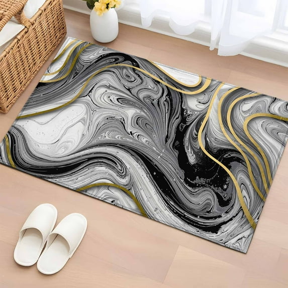 Black Gray Marble Bathroom Rug Washable 2x3 Entryway Rug Non Slip Vintage Golden Abstract Patterned Front Door Mat Low Pile Indoor Doormat Throw Floor Carpet for Kitchen Bedroom Entrance