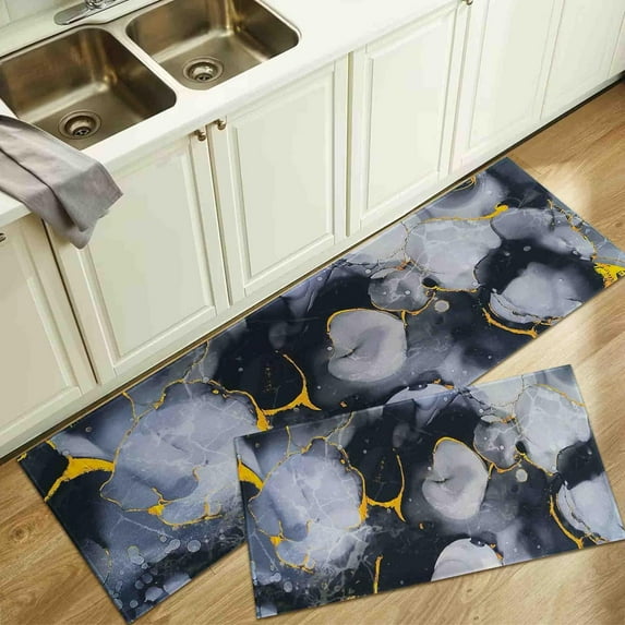 Black and Gray Marble Kitchen Rugs and Mats, Non Skid Washable Absorbent Stain Resistant,Durable and Easy to Clean,Kitchen Rug Set of 2 Marble Kitchen Decor 17"x47"+17"x30"