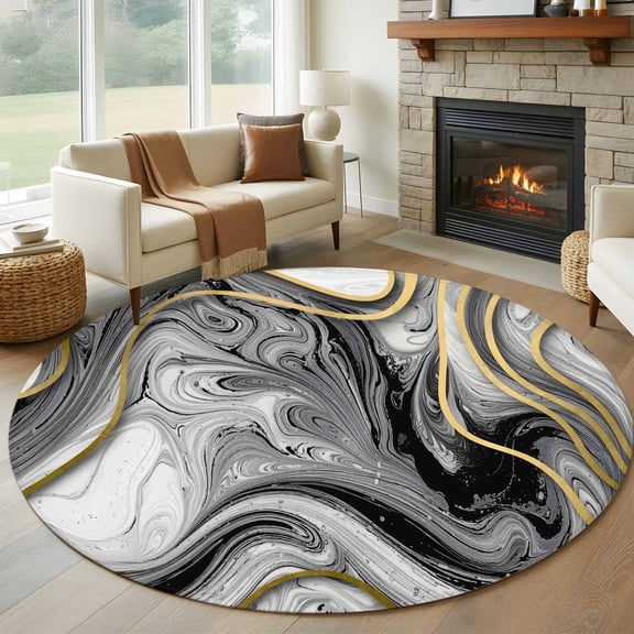 Black Gray Marble Round Area Rug 5ft, Vintage Golden Abstract Patterned Washable Non-Slip Circle Rugs for Bedroom Living Room Kitchen, Soft Low Pile Carpet for Dining Room Playroom Nursery